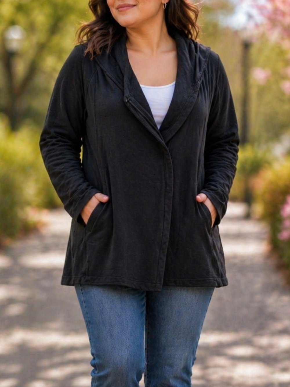The North Face Black Cotton Blend Hooded Jacket Zip Up Athleisure Outdoor